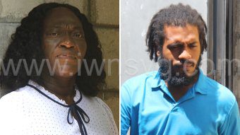 The defendants, Yvonne Patterson, left, and Fitzroy Douglas outside the Serious Offences Court on July 22, 2024.