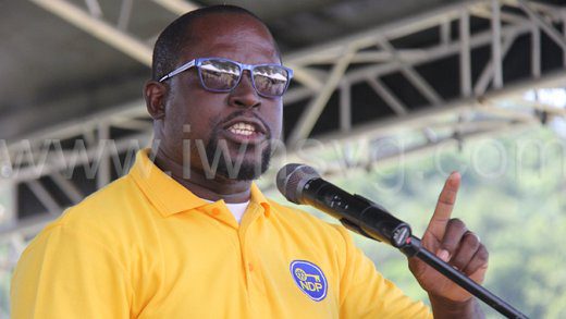 NDP candidate for Central Leeward, Conroy Huggins, speaking at the party's convention in Petit Bordel on Sunday, Oct. 13, 2024.