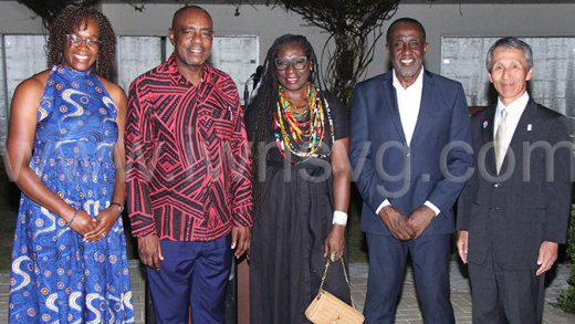 From left: Permanent Secretary in the Minister of Foreign Affair, Sandy Peters-Phillips; Minister of Foreign Affairs, Frederick Stephenson, Nickler Quow-Regisford, wife of Anthony Regisford, Honorary Consul of Japan in SVG (2nd from right); Japan Ambassador to SVG, Matsubara Yutaka at the reception in Villa on Friday, Nov. 1, 2024.