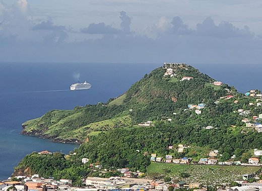 The cruise ship Aurora sailing away from St. Vincent  without docking on its only scheduled call to the destination this season on Sunday, Nov. 10, 2024. (Photo: Facebook/Petrona E Cozier)