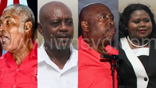 From left: Montgomery Daniel, Frederick Stephenson and Edwin Snagg are opting out of politics, which Prime Minster Ralph Gonsalves has suggested that Keisal Peters, right, will be the ULP’s candidate in West Kingstown. 