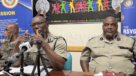 From left, Assistant Commissioner (ACP) of Police Christopher Benjamin, acting Commissioner of Police Enville Williams and acting ACP Trevor "Buju" Bailey speaking at the press conference in Kingstown, on Monday, Dec. 16, 2024.