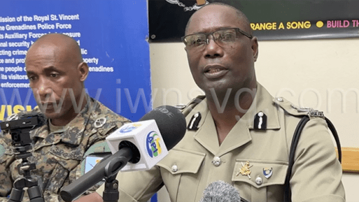 Acting Commissioner of Police Enville Williams, right, and Assistant Commissioner of Police responsible for police operations, Christopher Benjamin speaking at a press conference in Kingstown on Dec. 16, 2024. 