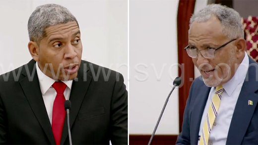 Minister of Finance Camillo Gonsalves, left, and Opposition Leader Godwin Friday speaking in Parliament during the ongoing Budget Debate.