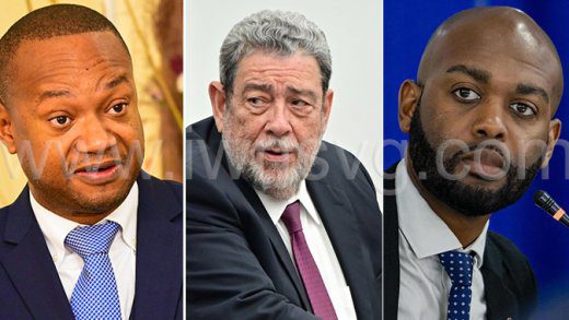 From left: Attorney General and ruling Unity Labour Party’s candidate for South Leeward, Grenville Williams, Prime Minister Ralph Gonsalves, and Kisher Shallow, president of Cricket West Indies and Opposition New Democratic Party’s candidate for North Leeward. 