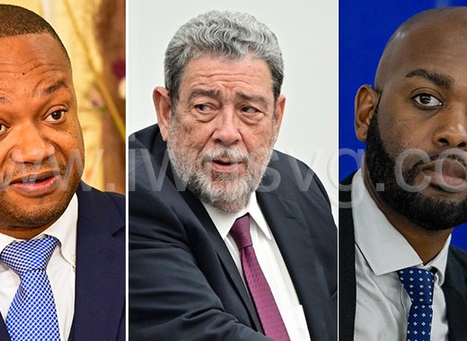 From left: Attorney General and ruling Unity Labour Party’s candidate for South Leeward, Grenville Williams, Prime Minister Ralph Gonsalves, and Kisher Shallow, president of Cricket West Indies and Opposition New Democratic Party’s candidate for North Leeward. 