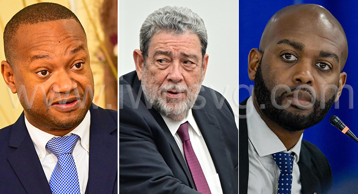From left: Attorney General and ruling Unity Labour Party’s candidate for South Leeward, Grenville Williams, Prime Minister Ralph Gonsalves, and Kisher Shallow, president of Cricket West Indies and Opposition New Democratic Party’s candidate for North Leeward. 