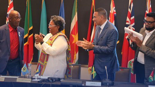 From left: The prime ministers of Trinidad and Tobago, Keith Rowley; Barbados, Mia Mottley; Jamaica, Andrew Holness and President of Guyana Irfaan Ali at 48th Summit of CARICOM in Bridgetown, Barbados on Friday, Feb. 21, 2025. (PhotoFacebook/Andrew Holness)
