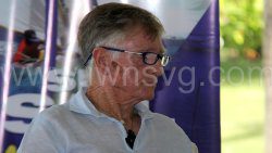 Hotelier and sailor Kelly Glass speaking during the launch of SVG Sailing Week in Bequia on Feb. 3, 2025.