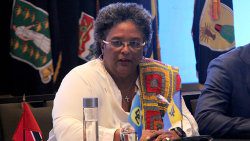 Prime Minister of Barbados and Chair of CARICOM, Mia Mottley, briefs the media at the end of the 48th Summit of CARICOM in Bridgetown, Barbados on Friday, February 21, 2025. (CMC photo)