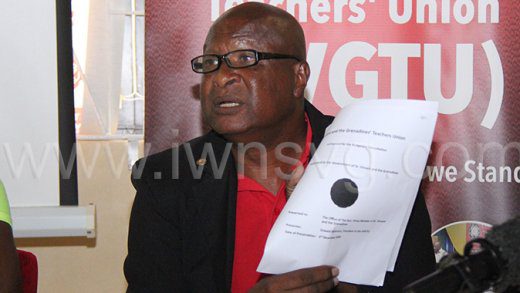 President of the SVG Teachers' Union speaking at a press conference in Kingstown on Feb. 11, 2025.