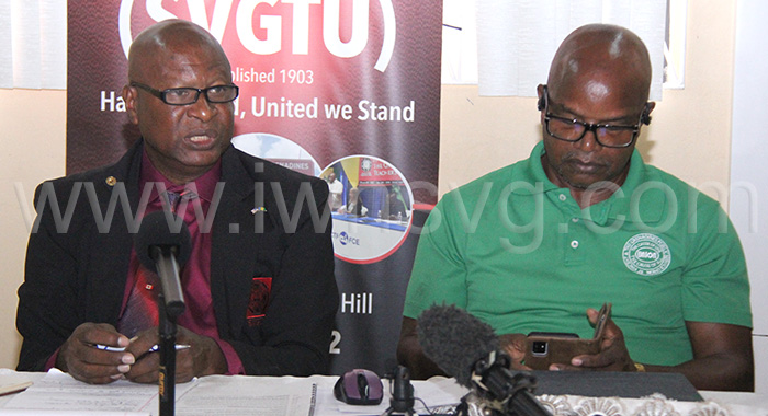 President of the SVG Teachers Union, Oswald Robinson, left, and President of the Public Service Union, Elroy Boucher at a press conference in Kingstown on Monday, Feb. 24, 2025.