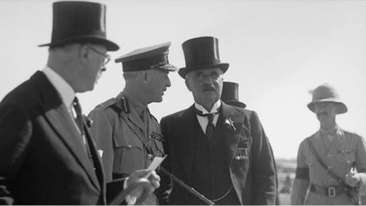 Lord William Peel, right, and Sir Horace Rumbold, left, leave the British War Cemetery on Mount Scopus in Jerusalem in 1936 as part of their work on the Peel Commission. (Image source: Library of Congress)