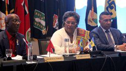 From left: The prime ministers of Trinidad and Tobago, Keith Rowley; Barbados, Mia Mottley and Jamaica, Andrew Holness and Chair of CARICOM, Mia Mottley brief the media in Bridgetown, Barbados after the 48th Summit of CARICOM on Friday, Feb. 21, 2025. (CMC photo)