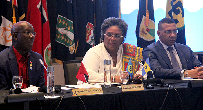 From left: The prime ministers of Trinidad and Tobago, Keith Rowley; Barbados, Mia Mottley and Jamaica, Andrew Holness and Chair of CARICOM, Mia Mottley brief the media in Bridgetown, Barbados after the 48th Summit of CARICOM on Friday, Feb. 21, 2025. (CMC photo)