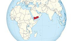 A map showing the location of Yemen, in red.