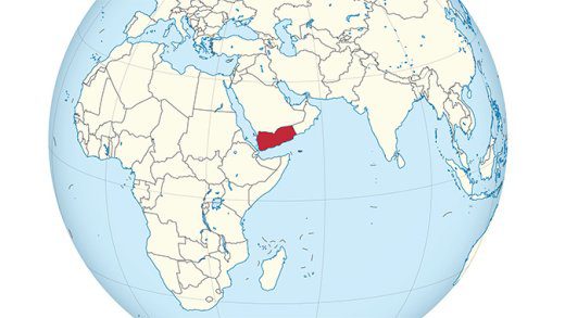 A map showing the location of Yemen, in red.