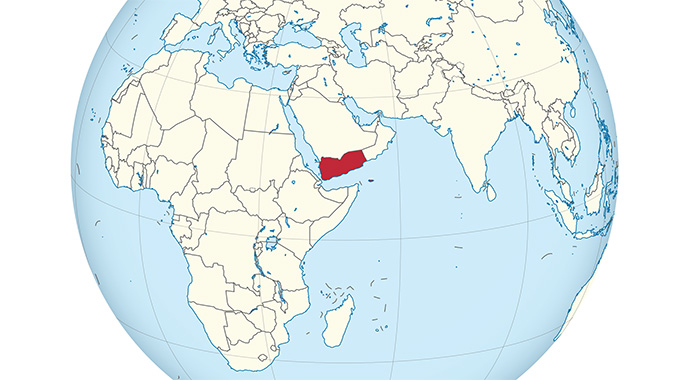 A map showing the location of Yemen, in red.