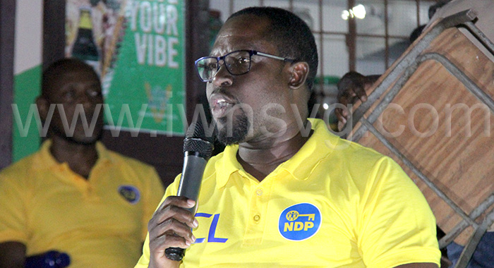 The New Democratic Party's candidate for Central Leeward, Conroy Huggins, speaking at a campaign event in Walvaroo, Sion Hill on Monday, March 3, 2025.