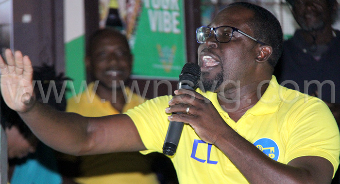 The New Democratic Party's candidate for Central Leeward, Conroy Huggins, speaking at a campaign event in Walvaroo, Sion Hill on Monday, March 3, 2025.