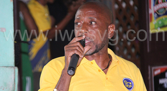 East Kingstown MP, Fitz Bramble speaking at a New Democratic Party campaign meeting in Walvaroo, Sion Hill on Monday, March 3, 2025.