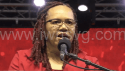 Grace Walters, the ruling Unity Labour Party's candidate for North Windward, speaking at their celebration rally in Rabacca on Sunday, March 30, 2025.