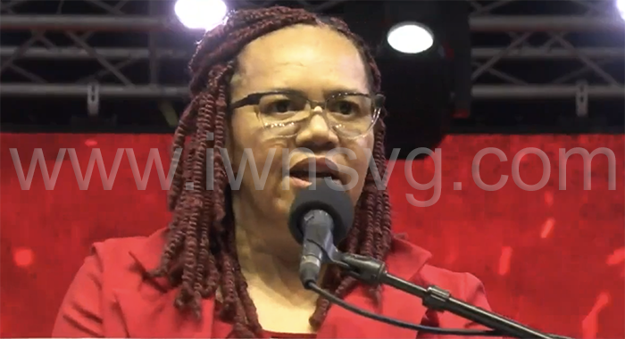 Grace Walters, the ruling Unity Labour Party's candidate for North Windward, speaking at their celebration rally in Rabacca on Sunday, March 30, 2025.