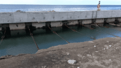 A photo showing seawater inside the quay wall at the port being built in Kingstown.