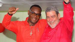 Prime Minister Ralph Gonsalves, left, and Marvin Fraser, the ruling Unity Labour Party's Candidate for Central Kingstown at the party's Central Kingstown Constituency conference on Saturday, March 22, 2025. (Photo: Facebook/Kingsley Roberts)