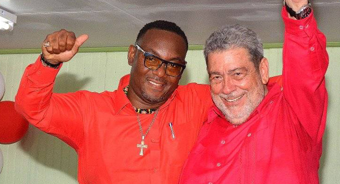 Prime Minister Ralph Gonsalves, left, and Marvin Fraser, the ruling Unity Labour Party's Candidate for Central Kingstown at the party's Central Kingstown Constituency conference on Saturday, March 22, 2025. (Photo: Facebook/Kingsley Roberts)