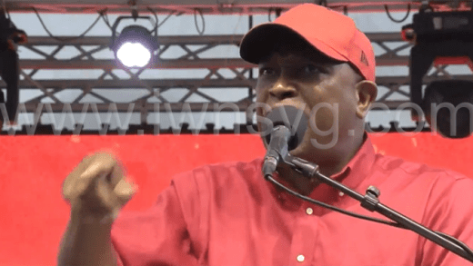 Minister of Agriculture, Saboto Caesar speaking at the Unity Labour Party's celebration rally in Rabacca on Sunday, March 30, 2025.