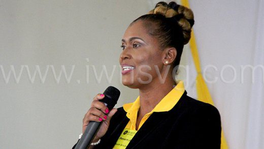 Opposition Senator Shevern John speaking at the New Democratic Party "Elect Her" campaign on International Women's Day, Saturday March 8, 2025.