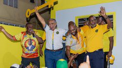 From left: Former North Leeward MP, Roland “Patel” Matthews, Opposition Leader Godwin Friday, NDP North Leeward candidate, Kishore Shallow, and Central Kingstown MP, St. Clair Leacock, at the opening of the NDP North Leeward Constituency Office in Chateaubelair on Friday, April 4, 2025. (Photo: Facebook/ kishoreshallow)