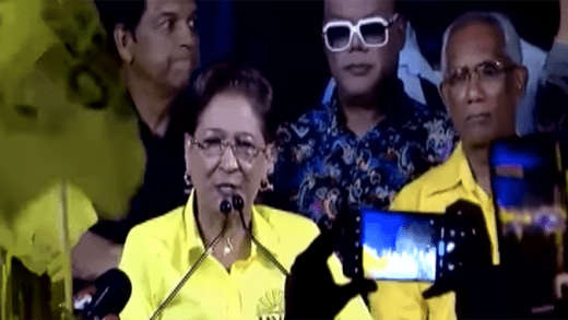 UNC Leader Kamla Persad Bissessar thanking supporters for returning her United National Congress-led coalition to government after a 10-year absence.