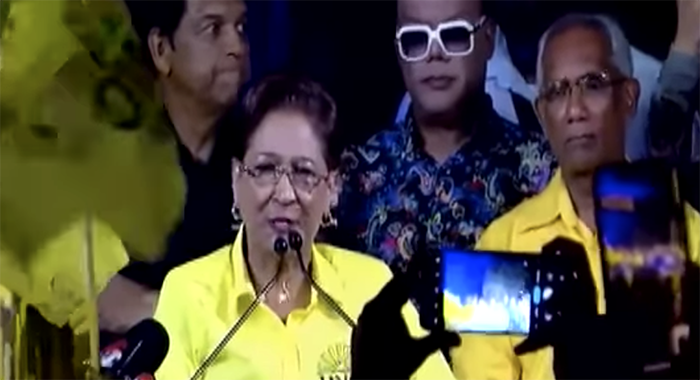 UNC Leader Kamla Persad Bissessar thanking supporters for returning her United National Congress-led coalition to government after a 10-year absence.