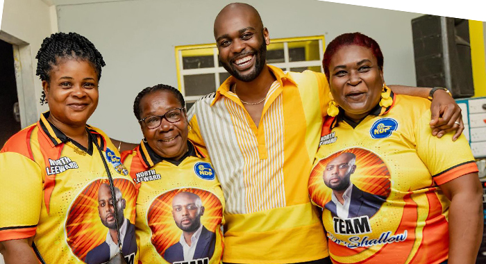 The New Democratic Party’s candidate for North Leeward, Kishore Shallow with constituents at the opening of his constituency office in Chateaubelair on April  4, 2025.