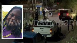 Police process the scene in Layou where Oranson Garraway, inset, was shot and killed while on the way from his father's funeral on Saturday, April 19, 2025.