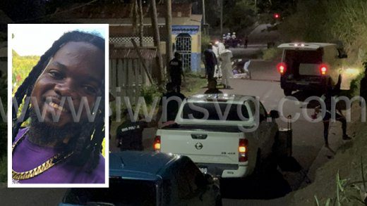 Police process the scene in Layou where Oranson Garraway, inset, was shot and killed while on the way from his father's funeral on Saturday, April 19, 2025.