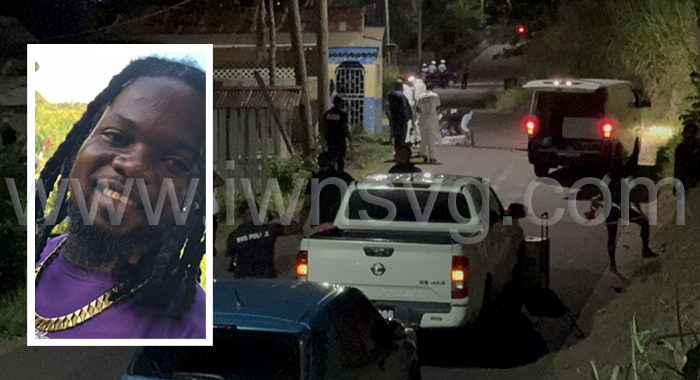 Police process the scene in Layou where Oranson Garraway, inset, was shot and killed while on the way from his father's funeral on Saturday, April 19, 2025.