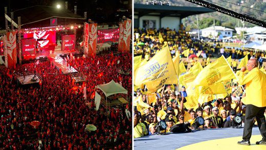 Supporters of the incumbent People’s National Movement, right, and the main opposition United National Congress and campaign events. 