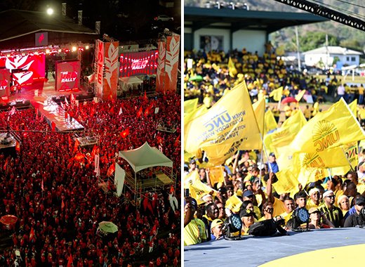 Supporters of the incumbent People’s National Movement, right, and the main opposition United National Congress and campaign events. 