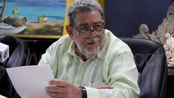 Prime Minister Ralph Gonsalves speaking at a press conference in Kingstown on April 7, 2025.