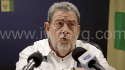 Prime Minister Ralph Gonsalves speaking at the press conference in Kingstown on Tuesday, April 15, 2025.
