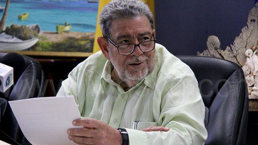 Prime Minister Ralph Gonsalves speaking at a press conference in Kingstown on April 7, 2025.