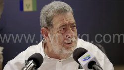Prime Minister Ralph Gonsalves speaking at the press conference in Kingstown on Tuesday, April 15, 2025.