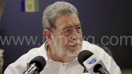 Prime Minister Ralph Gonsalves speaking at the press conference in Kingstown on Tuesday, April 15, 2025.