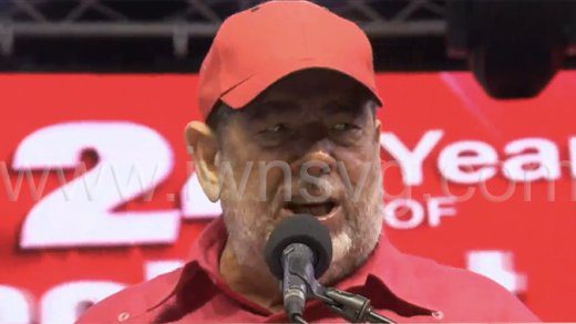 Prime Minister Ralph Gonsalves speaking a the Unity Labour Party’s celebration rally in Rabacca on Sunday, March 30, 2025.