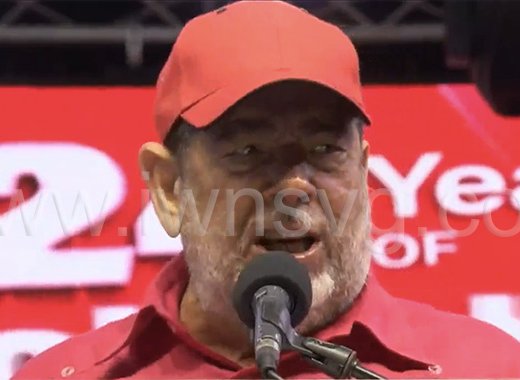 Prime Minister Ralph Gonsalves speaking a the Unity Labour Party’s celebration rally in Rabacca on Sunday, March 30, 2025.