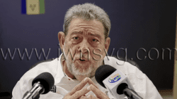 Prime Minister Ralph Gonsalves speaking at a press conference in Kingstown on April 15, 2025.