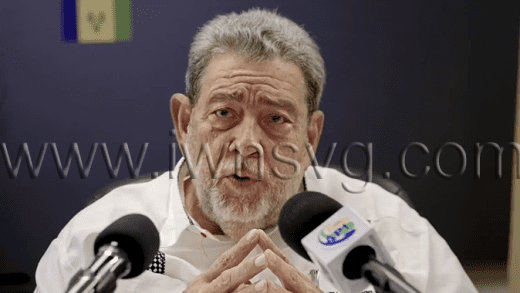 Prime Minister Ralph Gonsalves speaking at a press conference in Kingstown on April 15, 2025.